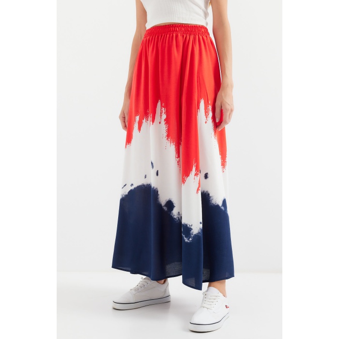 8025 Desenli Uzun Viskon Etek - Kırmızı