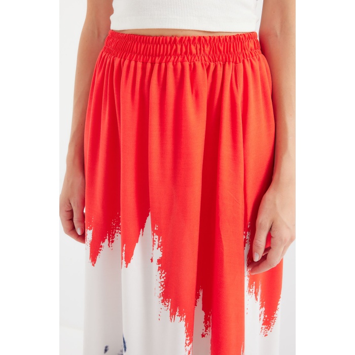 8025 Desenli Uzun Viskon Etek - Kırmızı