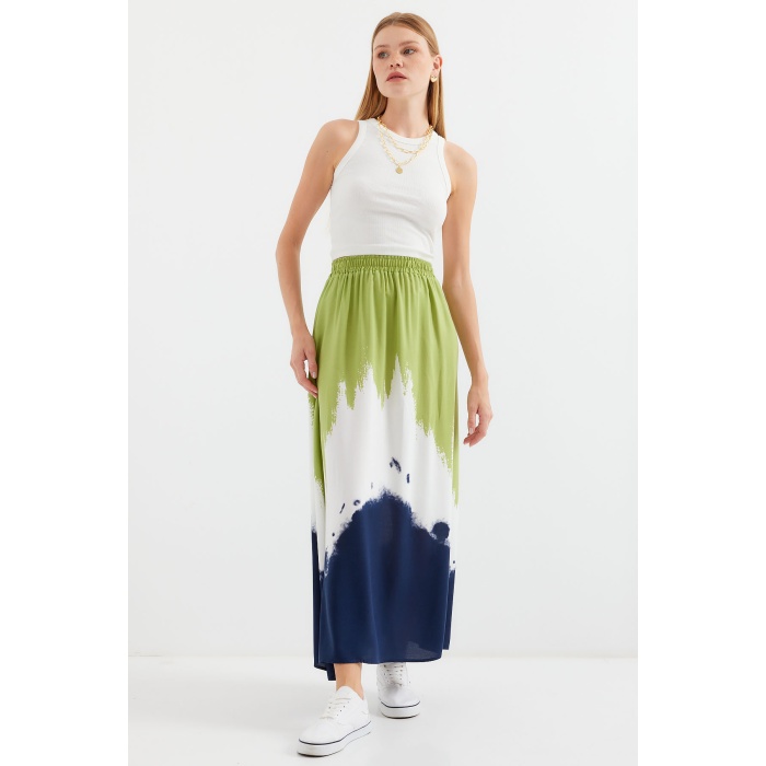 8025 Desenli Uzun Viskon Etek - Yeşil