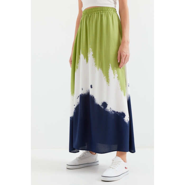 8025 Desenli Uzun Viskon Etek - Yeşil