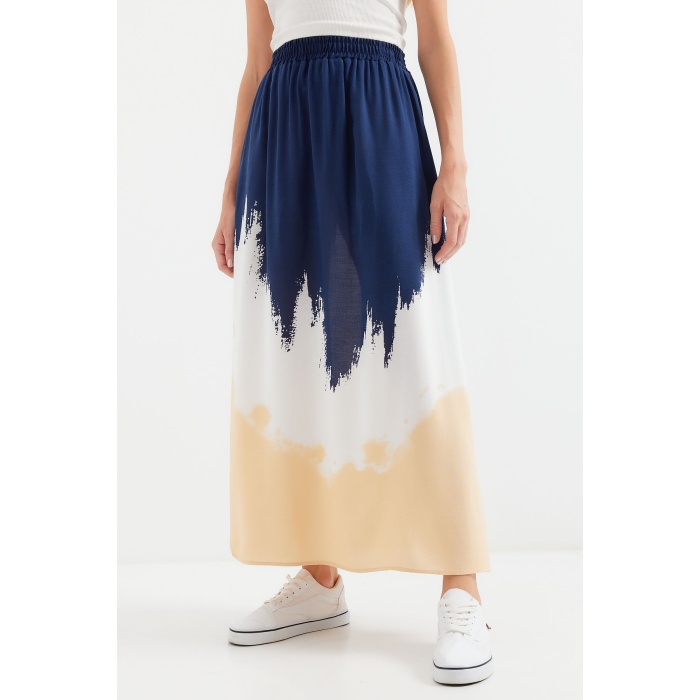 8025 Desenli Uzun Viskon Etek - Lacivert