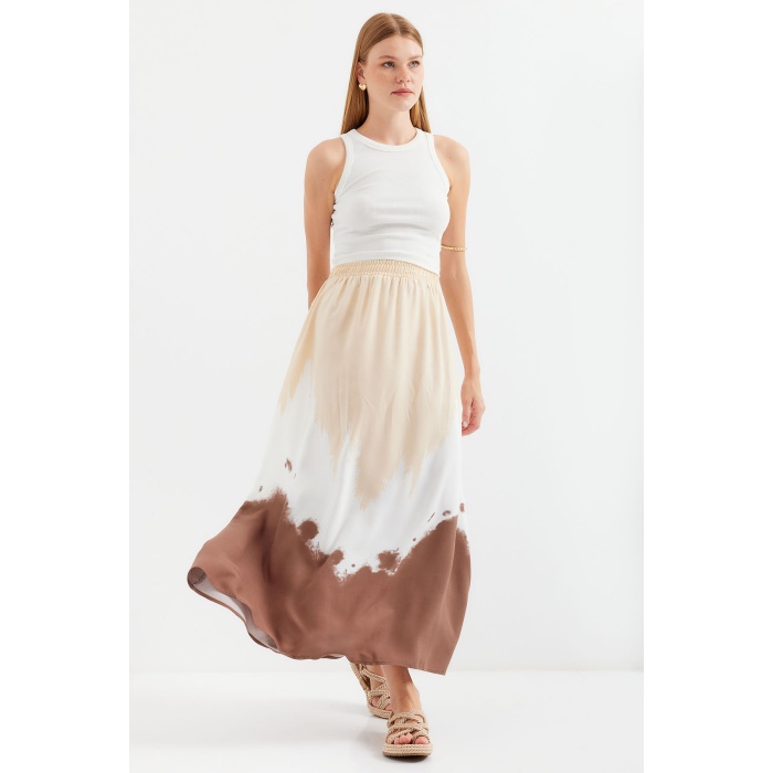 8025 Desenli Uzun Viskon Etek - Bej