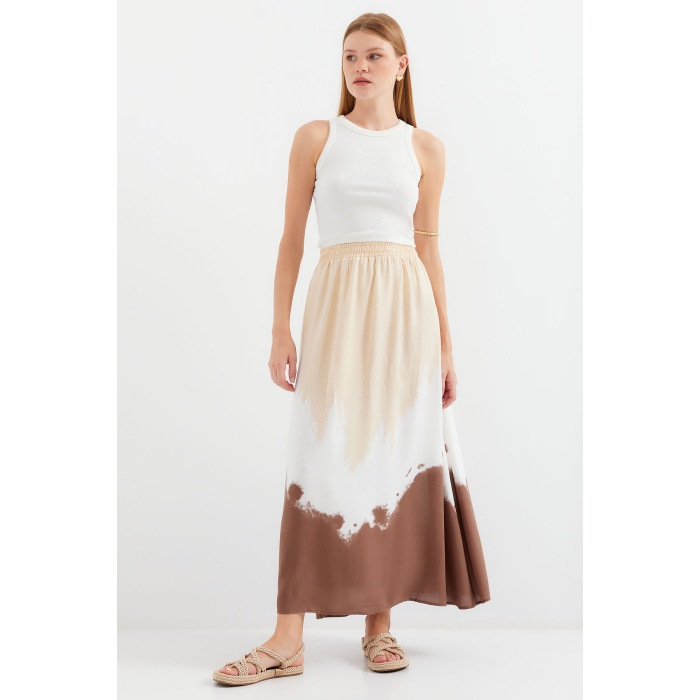 8025 Desenli Uzun Viskon Etek - Bej