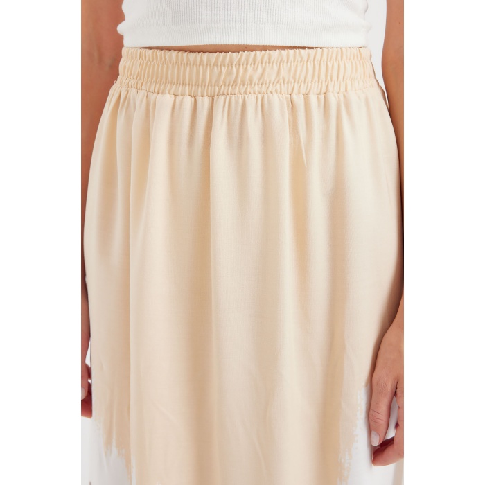 8025 Desenli Uzun Viskon Etek - Bej