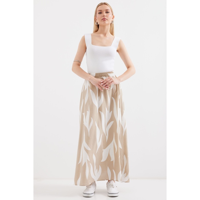 8028 Desenli Uzun Etek - Bej