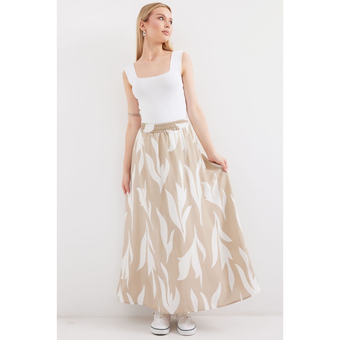 8028 Desenli Uzun Etek - Bej