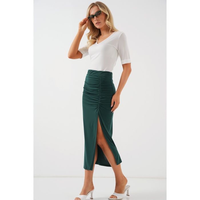 8033 Sandy Yırtmaçlı Etek - Zümrüt Yeşili