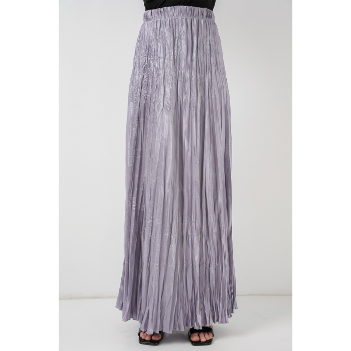 Kadın Uzun Kırışık Parlak Etek 8034 - Gri