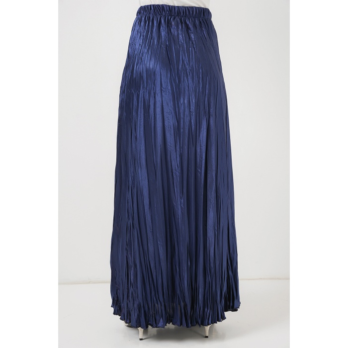 Kadın Uzun Kırışık Parlak Etek 8034 - D.Lacivert