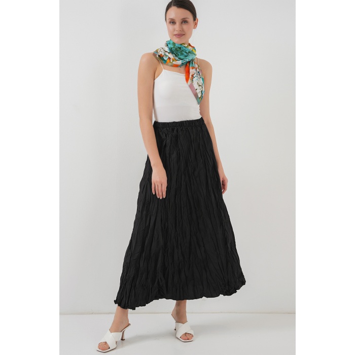 Kadın Uzun Kırışık Etek 8042 - Siyah