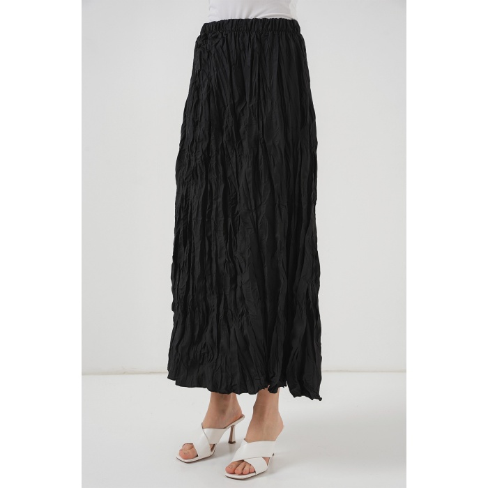 Kadın Uzun Kırışık Etek 8042 - Siyah
