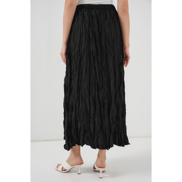 Kadın Uzun Kırışık Etek 8042 - Siyah