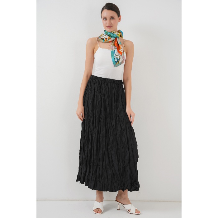 Kadın Uzun Kırışık Etek 8042 - Siyah