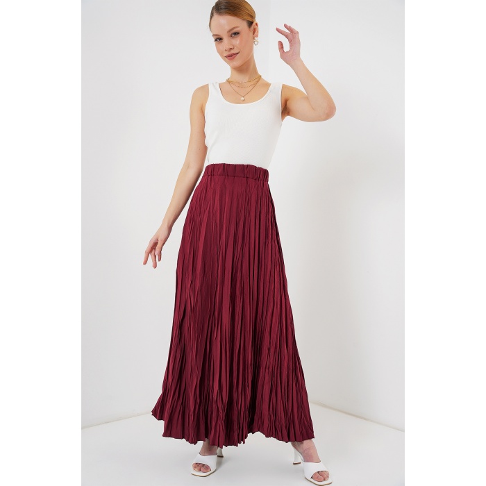 Kadın Uzun Kırışık Etek 8042 - Bordo
