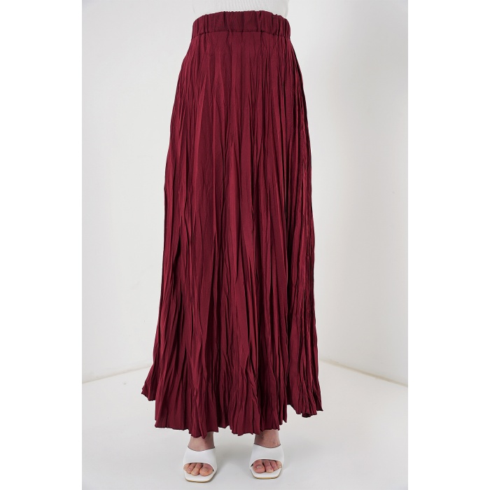 Kadın Uzun Kırışık Etek 8042 - Bordo