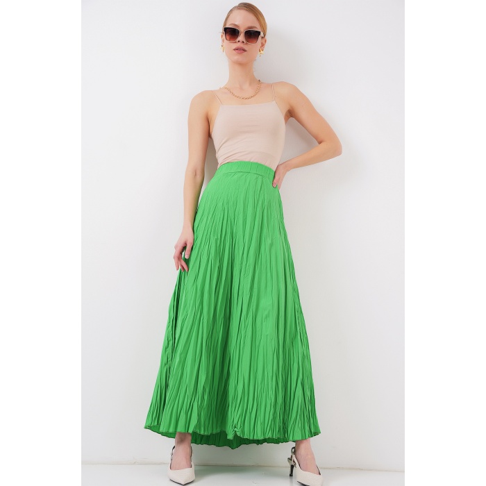 Kadın Uzun Kırışık Etek 8042 - Yeşil