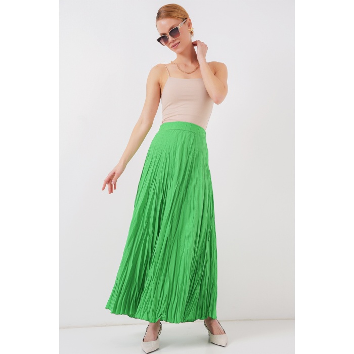 Kadın Uzun Kırışık Etek 8042 - Yeşil