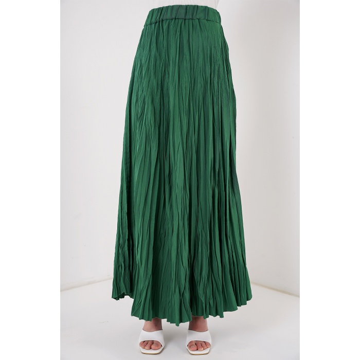 Kadın Uzun Kırışık Etek 8042 - Zümrüt Yeşili