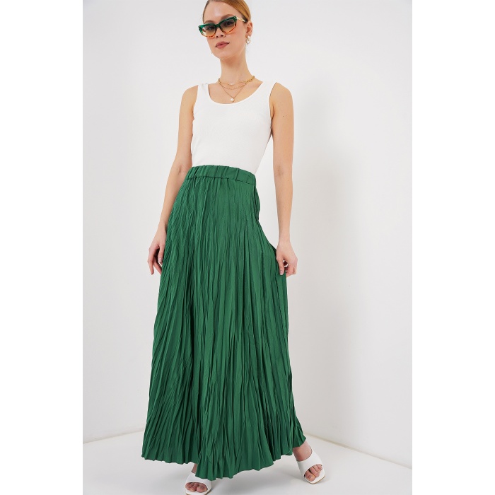 Kadın Uzun Kırışık Etek 8042 - Zümrüt Yeşili