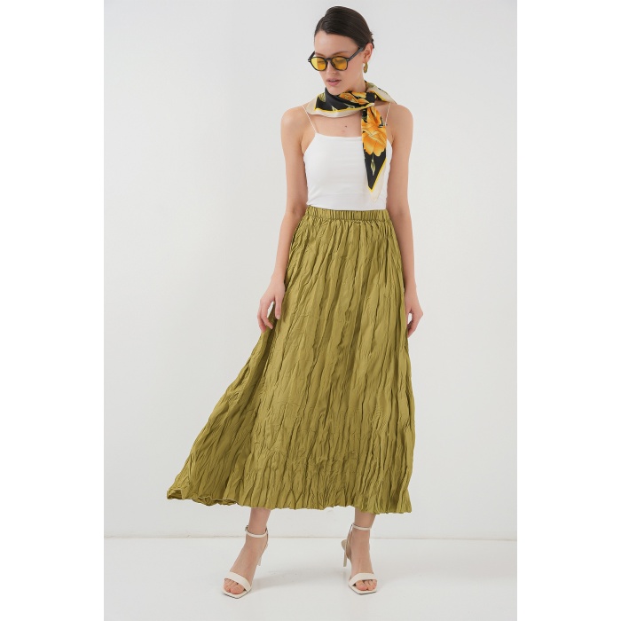Kadın Uzun Kırışık Etek 8042 - E.Yeşil