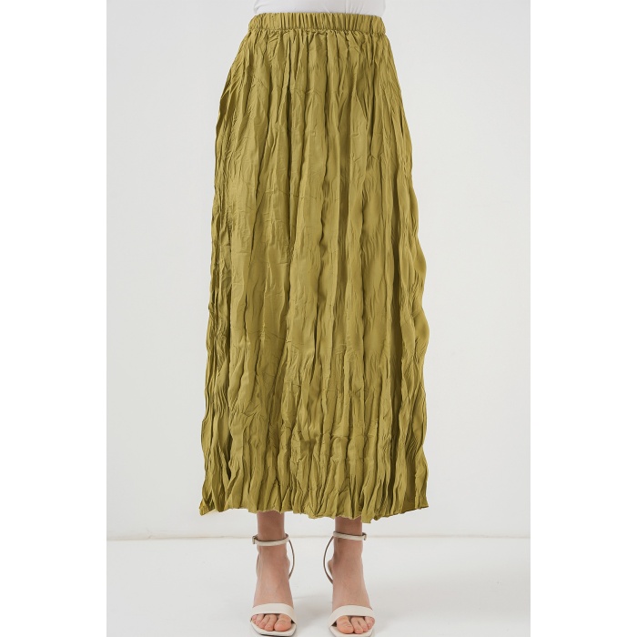 Kadın Uzun Kırışık Etek 8042 - E.Yeşil