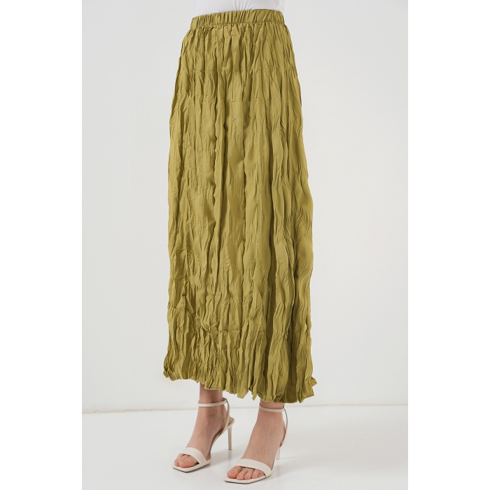 Kadın Uzun Kırışık Etek 8042 - E.Yeşil