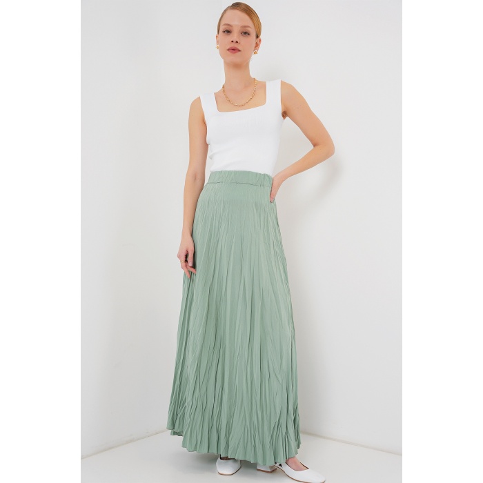 Kadın Uzun Kırışık Etek 8042 - Çağla