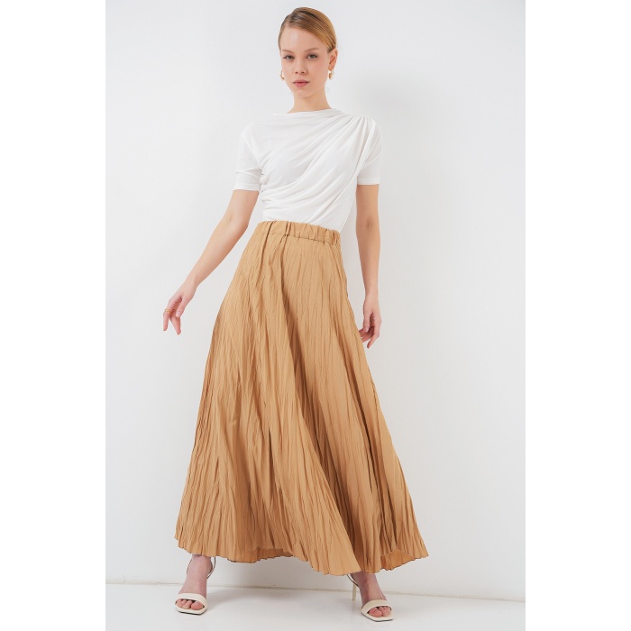 Kadın Uzun Kırışık Etek 8042 - Bisküvi