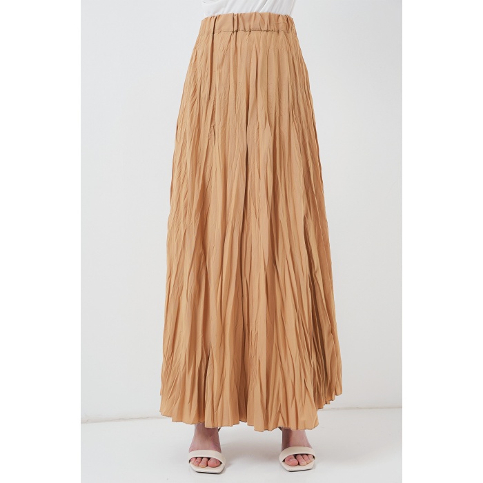 Kadın Uzun Kırışık Etek 8042 - Bisküvi