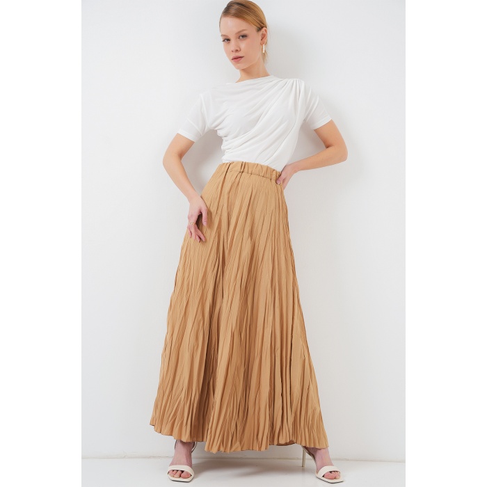 Kadın Uzun Kırışık Etek 8042 - Bisküvi