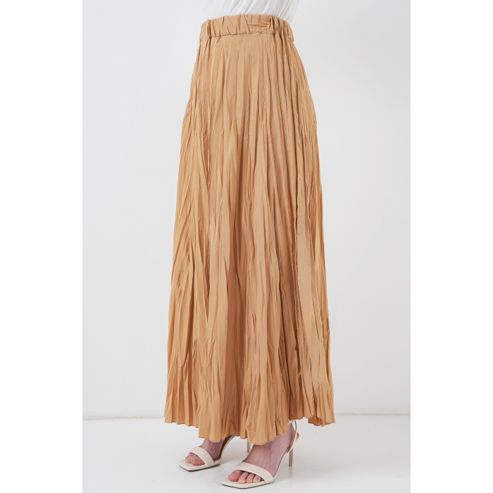 Kadın Uzun Kırışık Etek 8042 - Bisküvi