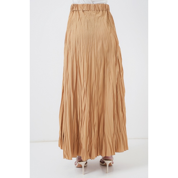 Kadın Uzun Kırışık Etek 8042 - Bisküvi