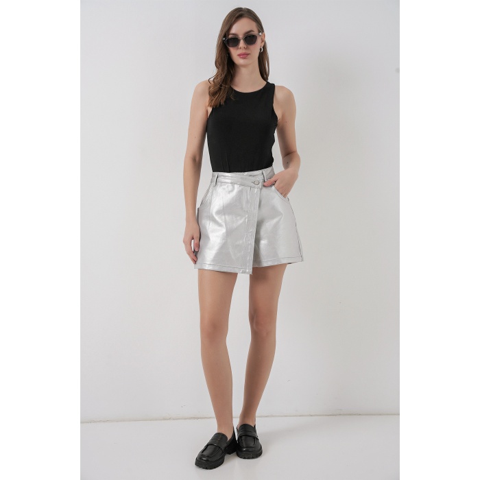 Kadın Parlak Şort Etek 8044 - Gümüş