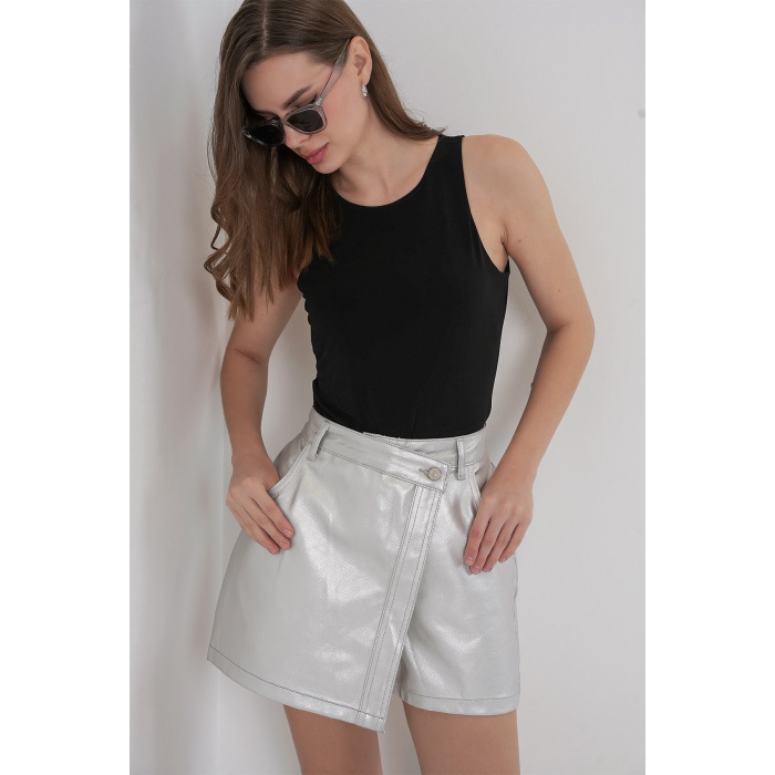 Kadın Parlak Şort Etek 8044 - Gümüş