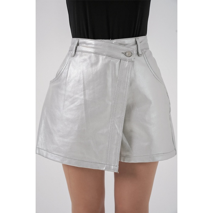 Kadın Parlak Şort Etek 8044 - Gümüş