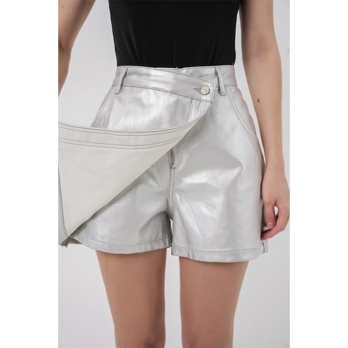 Kadın Parlak Şort Etek 8044 - Gümüş