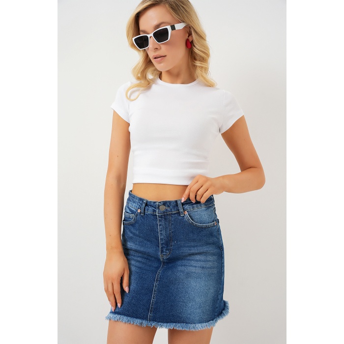 Kadın Püsküllü Mini Kot Etek 8051 - Lacivert