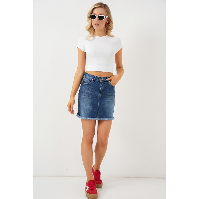 Kadın Püsküllü Mini Kot Etek 8051 - Lacivert