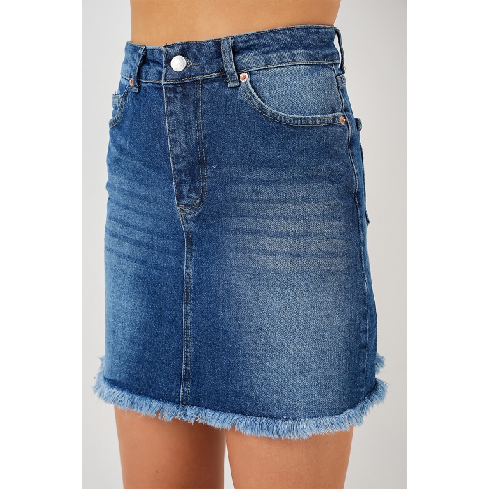 Kadın Püsküllü Mini Kot Etek 8051 - Lacivert
