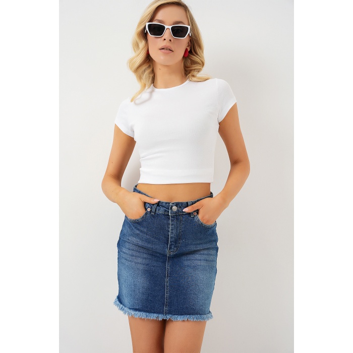 Kadın Püsküllü Mini Kot Etek 8051 - Lacivert