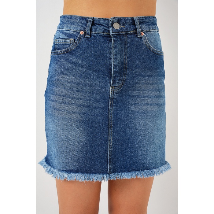 Kadın Püsküllü Mini Kot Etek 8051 - Lacivert