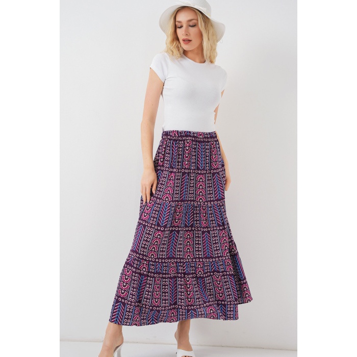 Kadın Desenli Uzun Etek 8053 - Mor