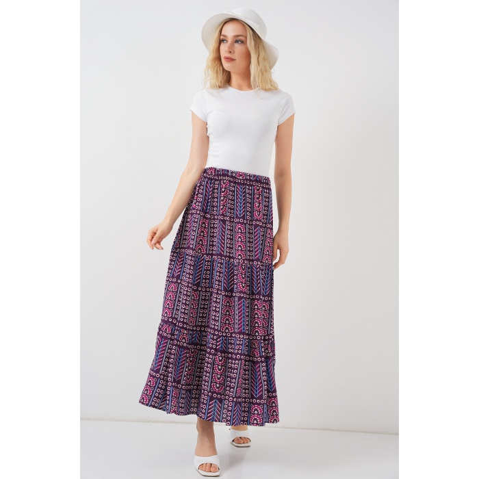 Kadın Desenli Uzun Etek 8053 - Mor