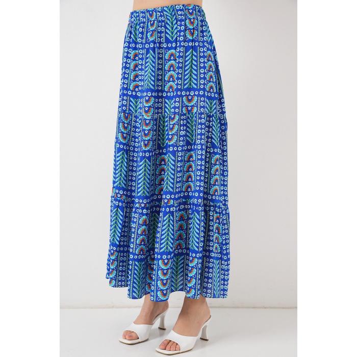 Kadın Desenli Uzun Etek 8053 - Saks