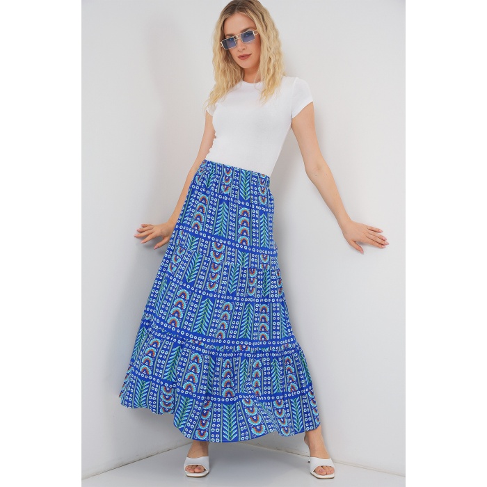 Kadın Desenli Uzun Etek 8053 - Saks