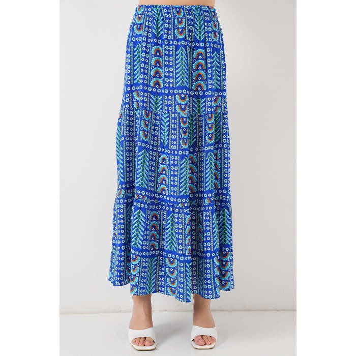 Kadın Desenli Uzun Etek 8053 - Saks