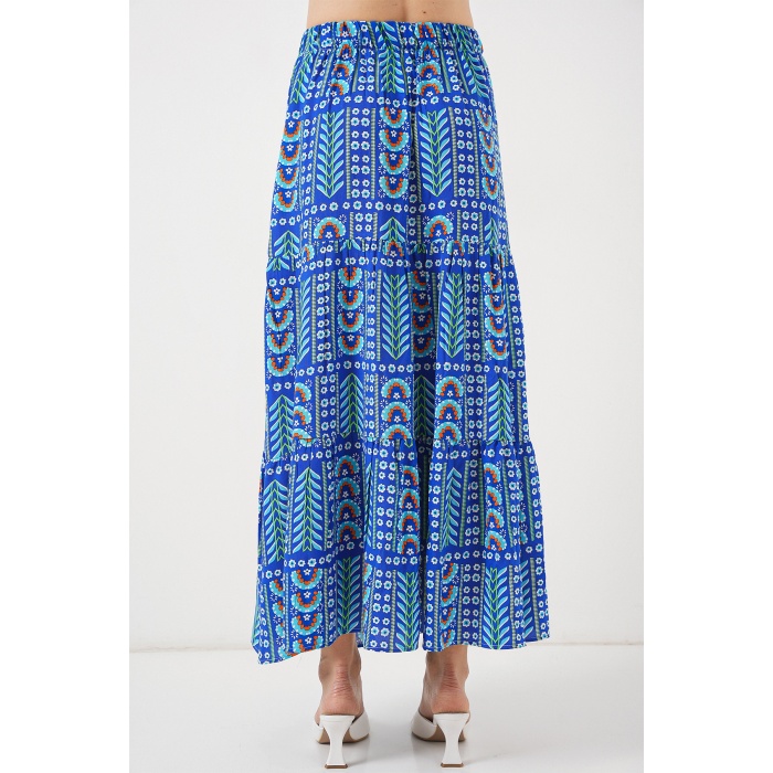 Kadın Desenli Uzun Etek 8053 - Saks