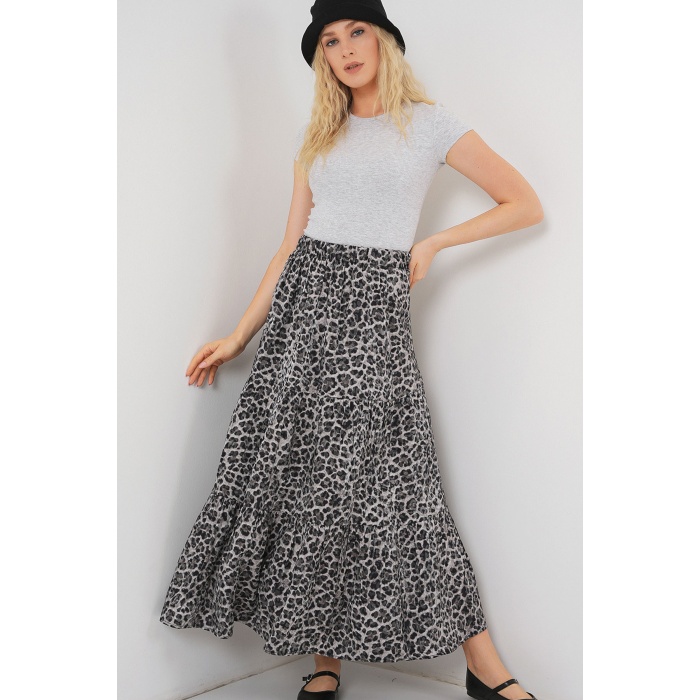 Kadın Desenli Uzun Etek 8053 - Antrasit