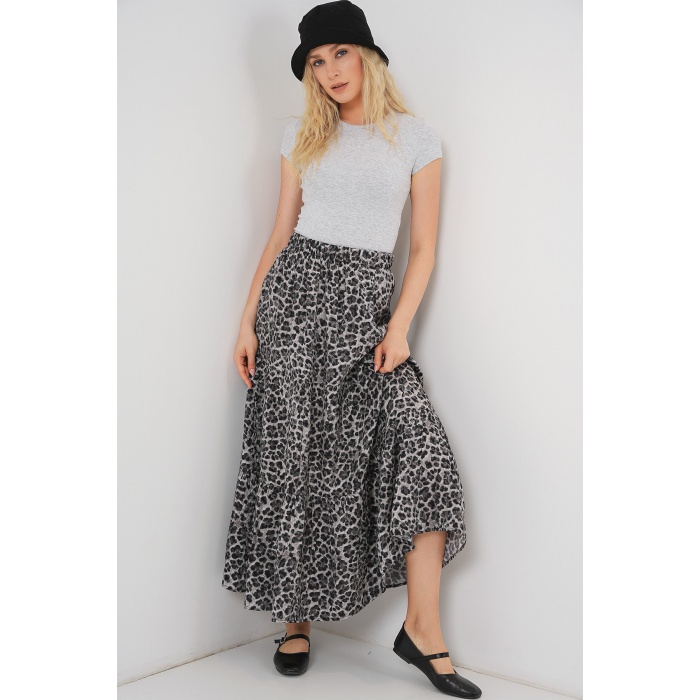 Kadın Desenli Uzun Etek 8053 - Antrasit