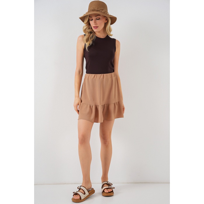 Kadın Ayrobin Mini Etek 8054 - Camel